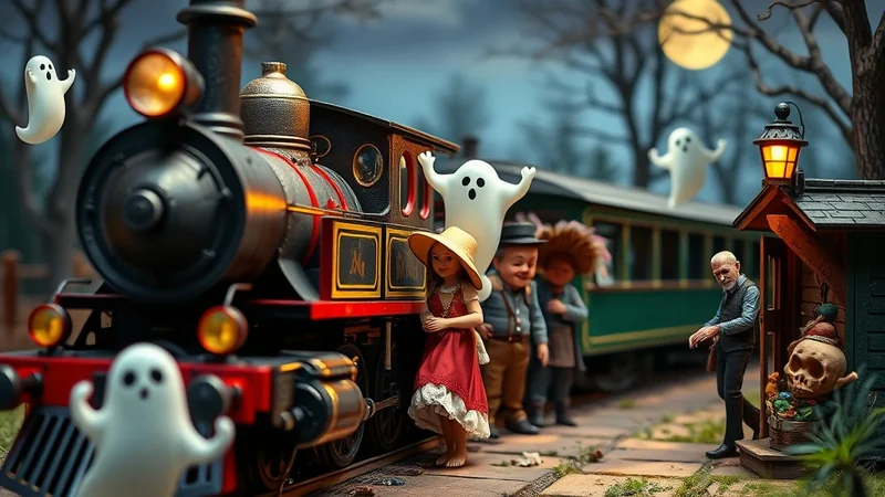 A whimsical Halloween scene features a vintage train at a station with several children and playful ghosts. A man stands near a small building adorned with a skull and basket of goods, under a full moon.