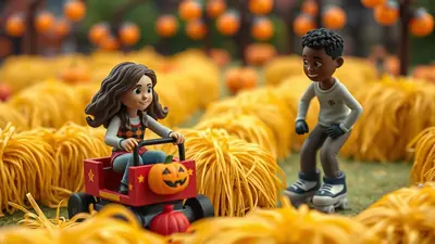 Two cartoon children, a girl in a red wagon and a boy on roller skates, are surrounded by hay bales and pumpkins in a festive autumn setting.