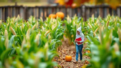 A person wearing a white hooded sweatshirt and jeans walks through a cornfield, holding a red folder. Pumpkins are visible in the background, suggesting an autumn or Halloween theme.
