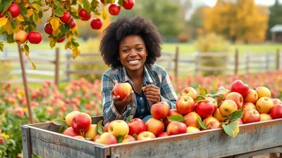 A smiling Black woman with an afro is holding an apple and sitting behind a wooden cart overflowing with apples in an orchard during autumn.