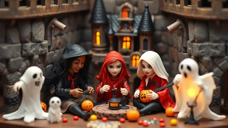 Three dolls dressed in Halloween costumes, including a witch, a girl in a red hooded cape, and a girl in a white hooded cape, sit in front of a miniature haunted house with glowing windows. They are surrounded by Halloween decorations like pumpkins and ghost figures.