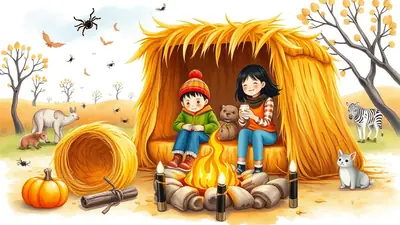 Two children sit by a campfire in a hay bale shelter, with a teddy bear, a pumpkin, a dog, a zebra, and a llama nearby, under a sky with spiders and bats.