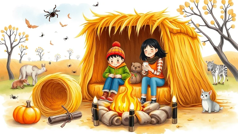 Two children sit by a campfire in a hay bale shelter, with a teddy bear, a pumpkin, a dog, a zebra, and a llama nearby, under a sky with spiders and bats.