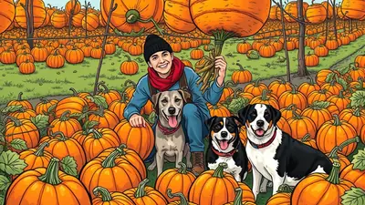 A person in a blue jacket and red scarf kneels in a pumpkin patch with three dogs, holding a bundle of dried corn stalks.