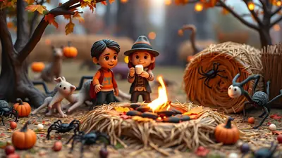 Two cartoon children, one dressed as a witch and the other in a red shirt, are gathered around a campfire with toy spiders and pumpkins, set in a whimsical Halloween forest scene.