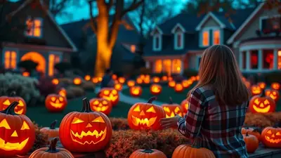 A young woman in a plaid shirt stands in a yard decorated with numerous carved and lit jack-o'-lanterns, with houses in the background illuminated for Halloween.