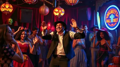 A group of people are dancing and celebrating at a Halloween-themed party in a dimly lit venue, with festive decorations like jack-o'-lanterns and a neon sign visible.