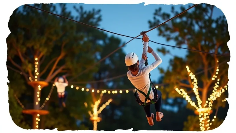 A person wearing a white helmet and harness is zip-lining through trees decorated with warm string lights at dusk.