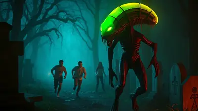 A terrifying alien creature with glowing green eyes and a segmented head stalks three people running through a foggy, dimly lit graveyard at night.