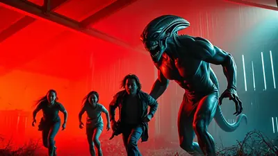 A terrifying alien creature with sharp teeth and claws lunges towards three people running away in a dimly lit, red-lit building.