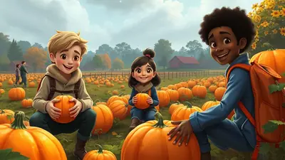 Three cartoon children of diverse ethnicities are happily posing in a pumpkin patch on a cloudy autumn day. The children are surrounded by numerous pumpkins of various sizes, and in the background, there are trees with fall foliage and a rustic barn.