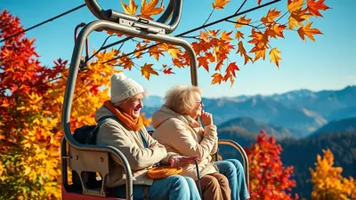 An elderly couple rides a ski lift through a vibrant autumn forest, with colorful fall foliage and distant mountains under a clear blue sky.