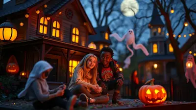 Two children, a blonde girl and a Black boy, sit on the ground in front of a spooky, dimly lit house decorated for Halloween, with a jack-o'-lantern and floating ghosts visible.