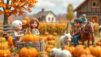 A charming autumn scene with cartoon children and farm animals in a pumpkin patch, with a rustic barn and house in the background.