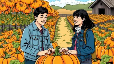 A young Asian couple smiles at each other while standing in a pumpkin patch on a sunny day. They are surrounded by rows of pumpkins and a rustic barn is visible in the background.