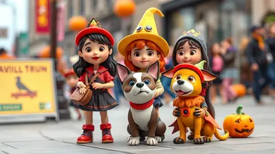 Three cartoon children dressed in Halloween costumes, accompanied by two cartoon dogs, stand on a sidewalk with a carved pumpkin nearby. The children are wearing witch hats and capes, and the dogs are also in costume. The scene has a festive and playful Halloween atmosphere.