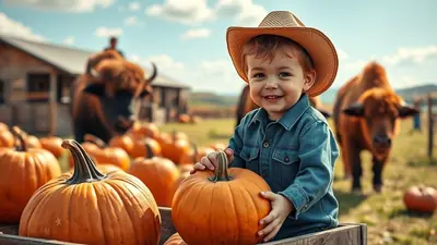 A smiling young boy wearing a cowboy hat and denim shirt sits in a wooden crate filled with pumpkins, with bison and a rustic barn in the background on a sunny autumn day.