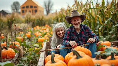 A smiling couple, a man in a cowboy hat and a woman with windblown hair, sit in a wagon filled with pumpkins in a pumpkin patch with corn stalks in the background.