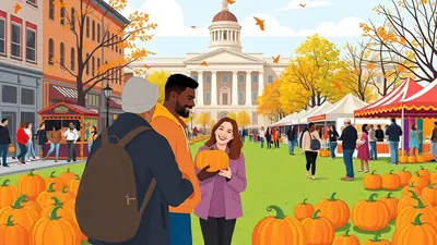 A diverse group of friends enjoys a vibrant autumn festival on a college campus, with a grand building and colorful fall foliage in the background, and numerous pumpkins scattered across the lawn.