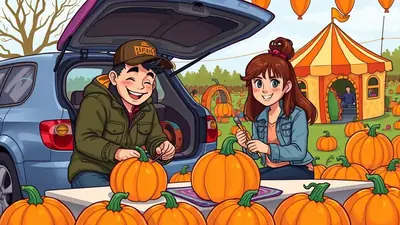 A young boy and girl are carving pumpkins at a table in front of a car with the trunk open, with a pumpkin patch and a circus tent in the background.
