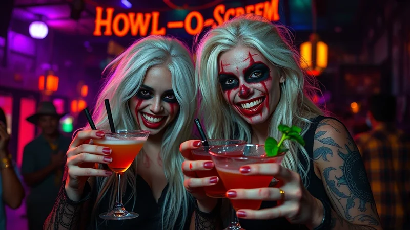 Two women in clown-like Halloween makeup and blonde wigs hold up cocktails in a dimly lit bar with a "Howl-O-Scream" sign in the background.