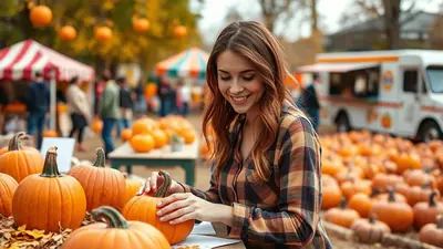 A young woman with long, wavy brown hair smiles as she examines a pumpkin at an outdoor pumpkin patch. She is wearing a plaid shirt, and in the background, there are tents, people, and a food truck.