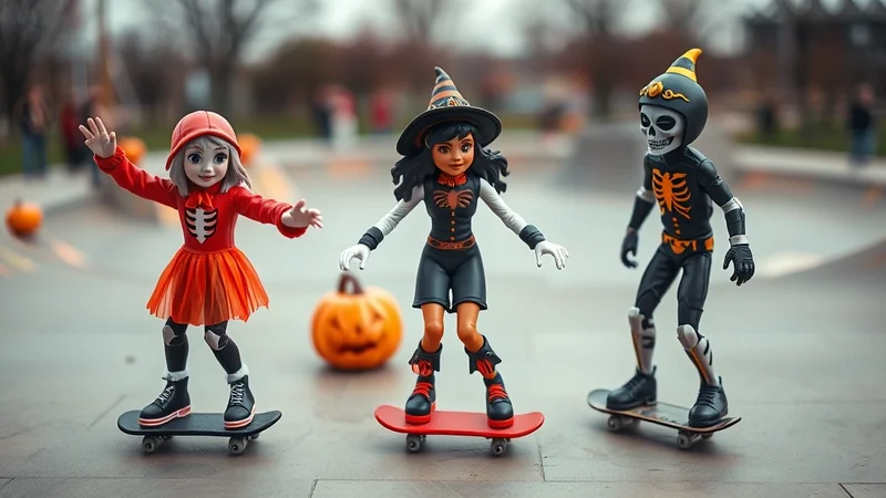 Three cartoon characters dressed in Halloween costumes - a skeleton, a witch, and a girl in a red skeleton costume - are riding skateboards in a park with pumpkins scattered around.