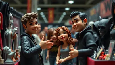 Three stylized cartoon figures, two young men and a young woman, are smiling and interacting at what appears to be a convention or market. The figures are dressed in casual clothing, with the young men wearing black jackets and the young woman wearing a grey tank top. In the background, other people and various figures, including a spooky, grim reaper-like character, are visible, suggesting a themed event.