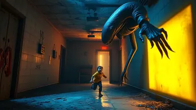 A young boy in a yellow shirt runs down a dark, grimy hallway as a tall, slender alien creature with sharp claws reaches out from the wall towards him.