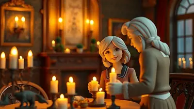Two cartoon characters, a young girl and an older woman, sit at a table lit by candles in a dimly lit, ornate room. The girl smiles warmly as she holds a candle, while the woman looks down at her.