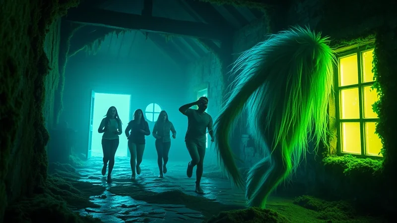 A group of four people are running away from a large, furry, green monster in a dimly lit, moss-covered room with a glowing yellow window.
