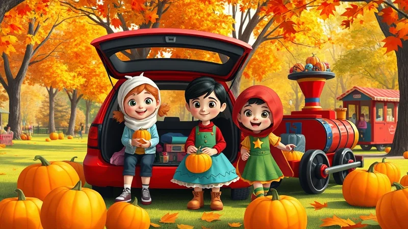 Three cartoon children in autumn clothing stand in a park filled with pumpkins and fall foliage, next to an open car trunk and a toy train.