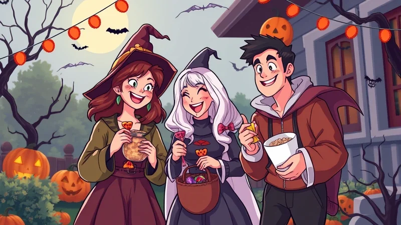 Three friends dressed in Halloween costumes, two as witches and one as a vampire, are trick-or-treating in front of a house decorated with pumpkins and Halloween lights.