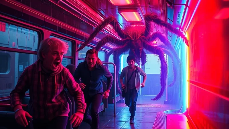 Three people are running in fear down a subway car as a giant, hairy spider looms over them, illuminated by neon pink and blue lights.