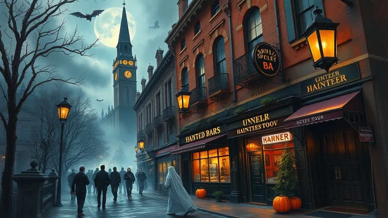 A spooky Victorian street scene at night, with a full moon, bats flying, and a figure in a ghost costume walking past illuminated shops.
