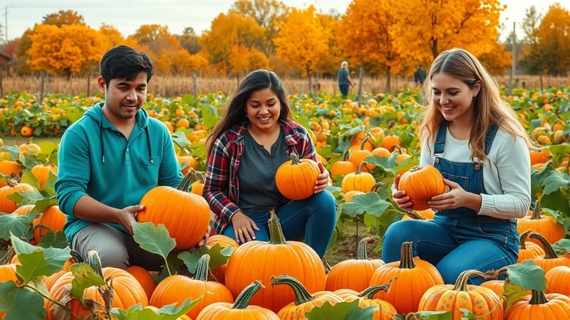 Three young adults are smiling and holding pumpkins in a pumpkin patch during autumn. The background features trees with vibrant orange and yellow leaves, indicating the fall season.