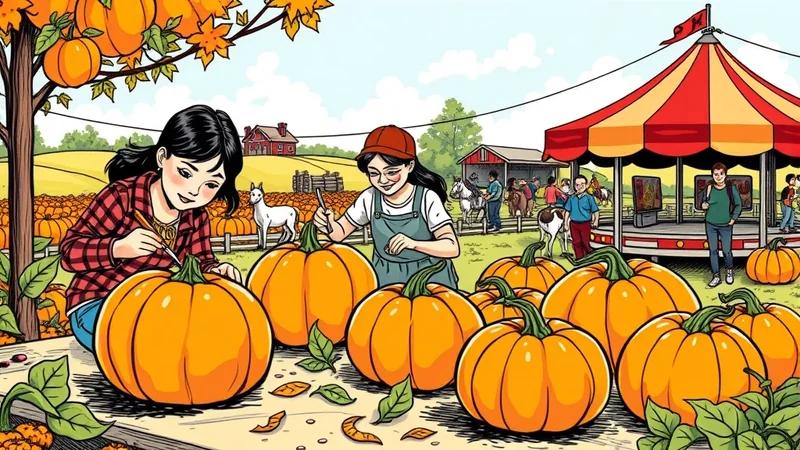 Two young girls are carving pumpkins at a pumpkin patch with a circus tent and farm buildings in the background. Several other pumpkins are scattered around them, and a white goat stands nearby.