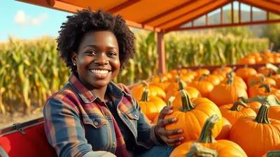 A young Black woman with curly hair smiles broadly while sitting in a wagon filled with pumpkins at a pumpkin patch. She is wearing a plaid shirt and a denim jacket, and the background shows a cornfield and a wooden structure.