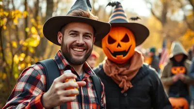 A man in a plaid shirt and witch hat smiles at the camera, holding a small bottle, while a person in a pumpkin costume stands behind him in a park during autumn.
