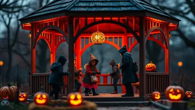 Children in costumes gather inside a brightly lit gazebo decorated with Halloween pumpkins, while carved jack-o'-lanterns glow on the ground outside.