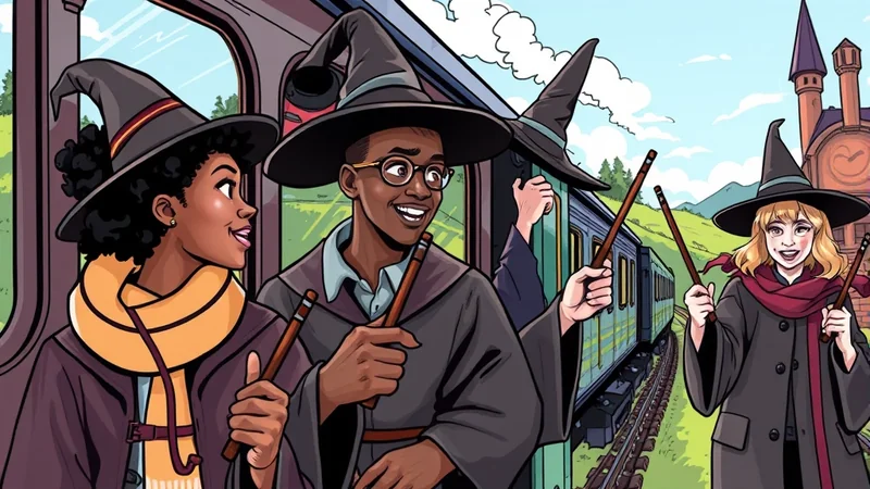 Three young people in wizard robes and hats are on a train platform, holding wands. A train is behind them, and a castle is visible in the distance. The mood is excited and magical.