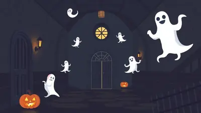 A dark, spooky hallway with several cartoon ghosts floating around. Two jack-o'-lanterns are visible, one on the left and one on the right. The hallway has arched doorways and a circular window with a yellow light emanating light.