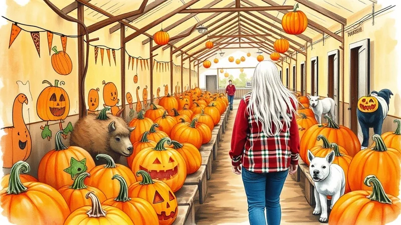 A woman with long blonde hair wearing a red and black plaid shirt and blue jeans walks through a greenhouse filled with pumpkins. Two white dogs and a brown furry creature are also present among the pumpkins, with one dog wearing a jack-o-lantern costume.