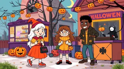 Three children dressed for Halloween are standing on a sidewalk in front of a house decorated with pumpkins and a "HALLOWEEN" sign. The child on the left wears a witch's hat and orange dress, the middle child wears glasses and a yellow sweater, and the child on the right wears a jacket and smiles. A person in a black hooded costume stands behind a counter, holding a pumpkin.