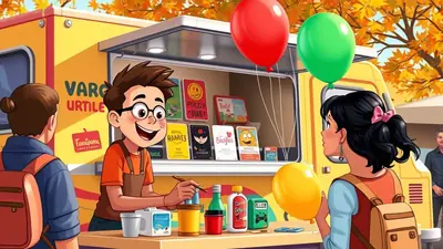A cheerful cartoon food truck vendor with glasses and an orange shirt serves two customers, a boy with a bun and a girl with a pink bow, on a sunny autumn day. The food truck is yellow and decorated with balloons and colorful items for sale, including books and drinks.