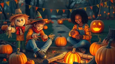 A scarecrow and two children in Halloween costumes sit around a campfire with pumpkins and festive decorations in a dimly lit outdoor setting.