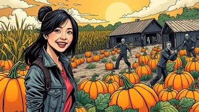 A young woman with black hair in a bun smiles at the viewer in a pumpkin patch, with several zombies in the background near barns and corn stalks under a setting sun.