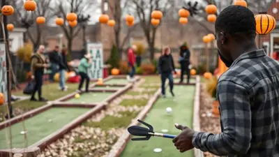 A group of people play mini-golf outdoors, decorated with hanging pumpkins for Halloween. A man in the foreground, facing away from the camera, holds a mini-golf putter.