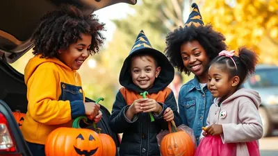 Four children in Halloween costumes are gathered around the open trunk of a car, holding pumpkins and candy, with a festive and happy mood.