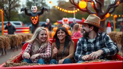 Three friends are smiling and laughing while riding in a red wagon decorated with hay, at a Halloween-themed outdoor event with spooky decorations in the background.